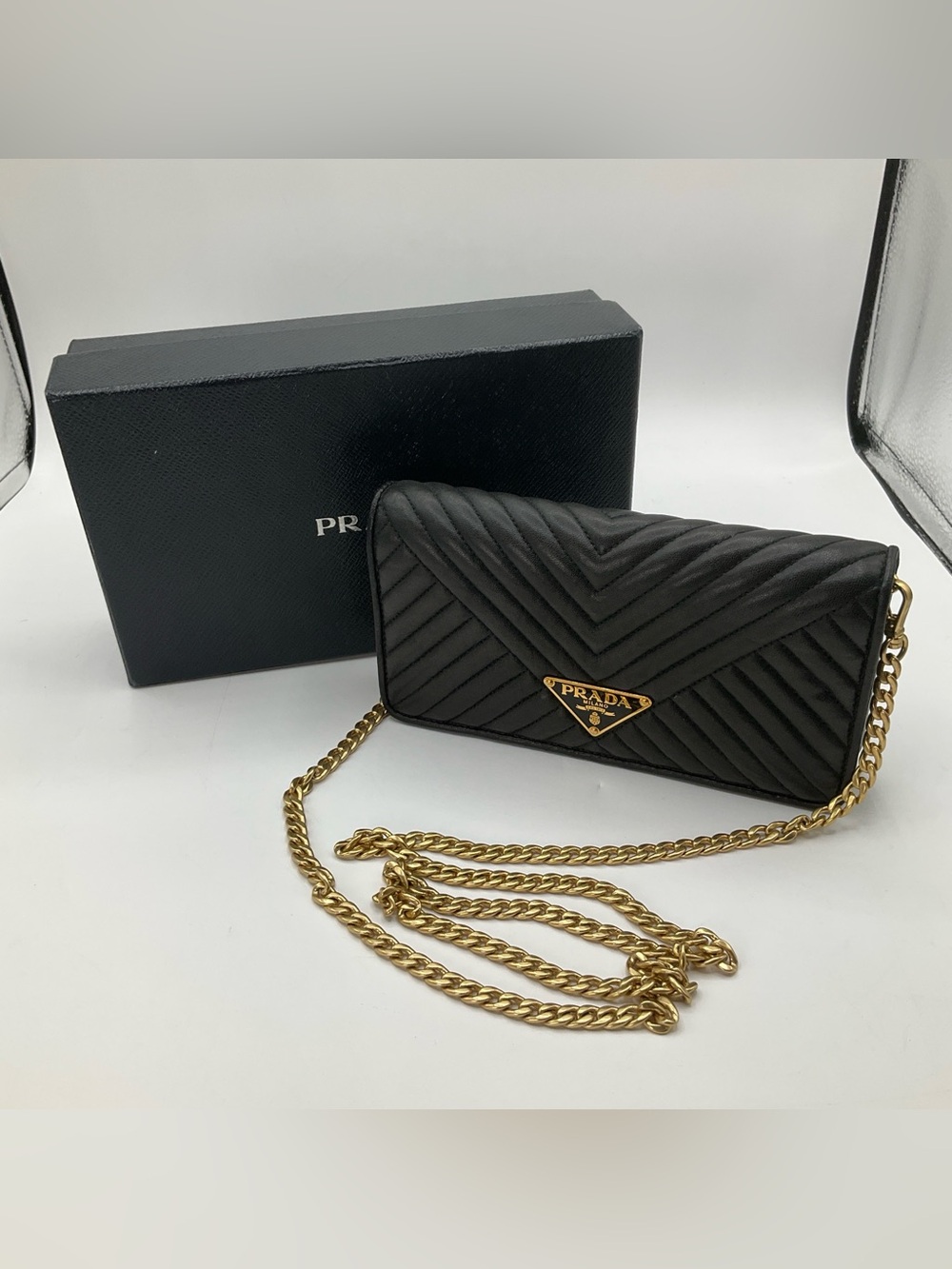 Prada Diagramme Black Leather Mini Chain Bag With Original Box